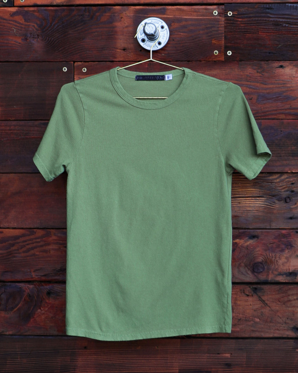 Essential green t-shirt hanging on wood wall