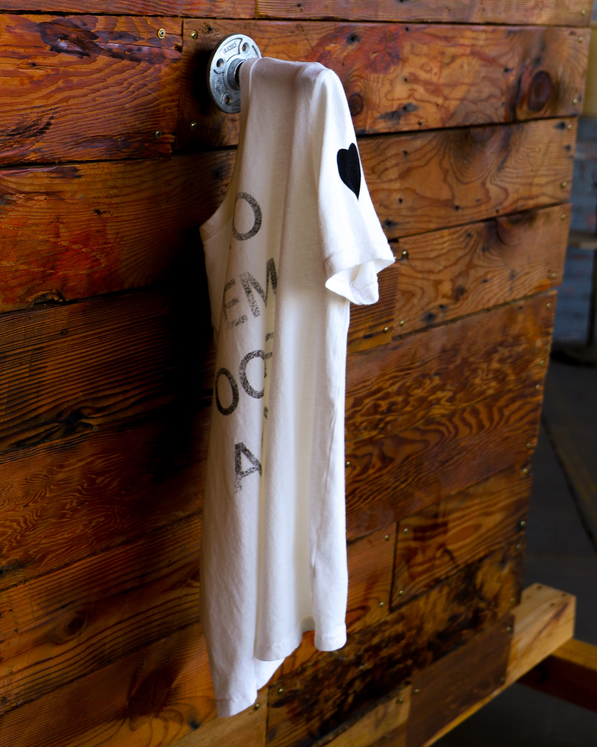 Pro democracy graphic tee in vintage white hanging on wood wall