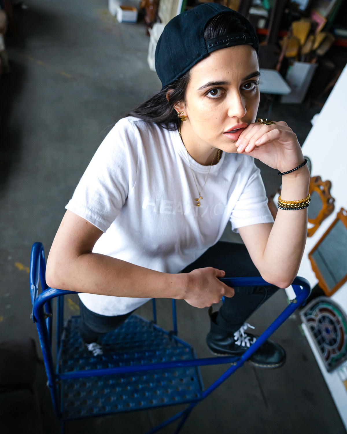Model wearing White Heart On logo t-shirt