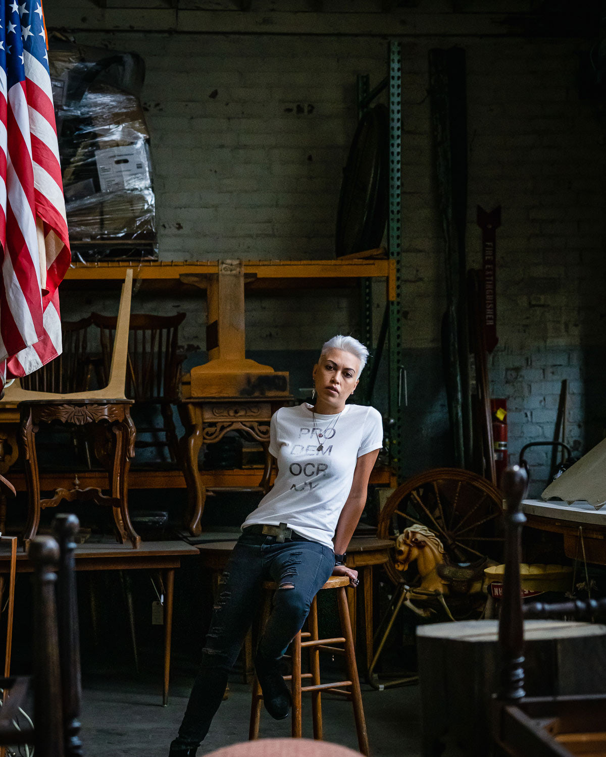 Model wearing vintage white pro democracy t-shirt